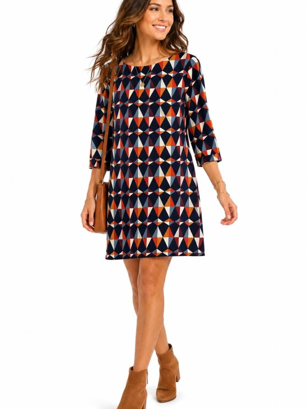 Lili & Lala Geometric Print Shift Dress Large 3/4 Sleeve Retro Office Stretch